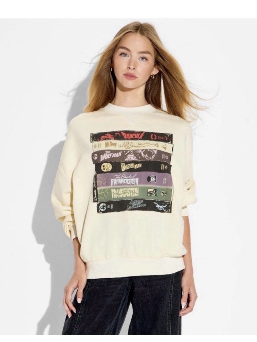 Women's Universal Monsters Graphic Sweatshirt Off-White Dracula Frankenstein XL - Picture 2 of 10